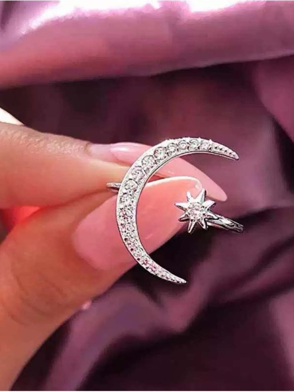 Sterling Silver Moon & Star CZ Adjustable Ring - Silver